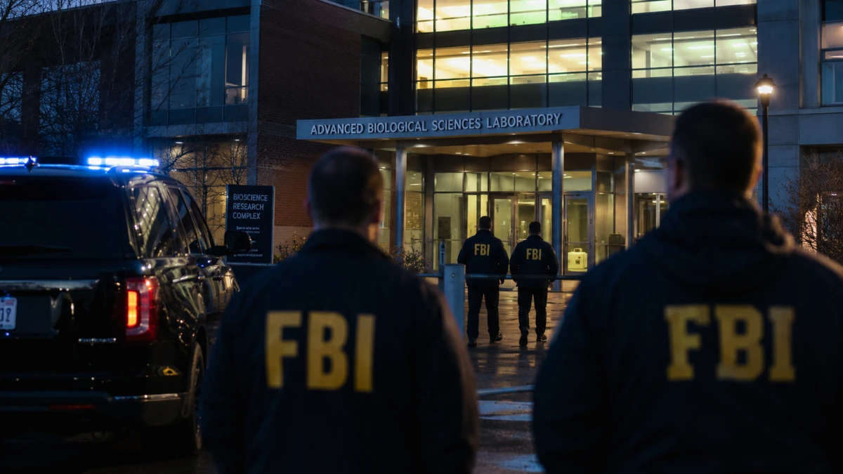 Federal agents standing outside a modern university biology laboratory building at dusk during an active investigation.